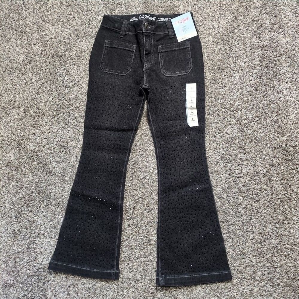 NEW Cat & Jack Girls 6 Black Flare Jeans High Rise Adjustable Waist Rhinestone